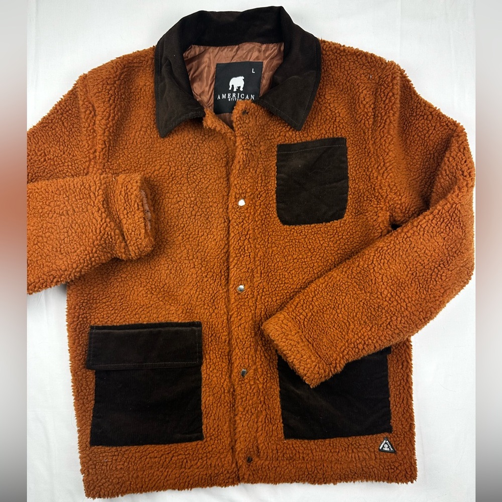 American Stitch Tan Sherpa Jacket with Black Details button tech